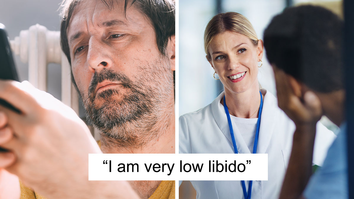 Sad man showing low libido texting on phone paired with female doctor consulting a patient in medical office