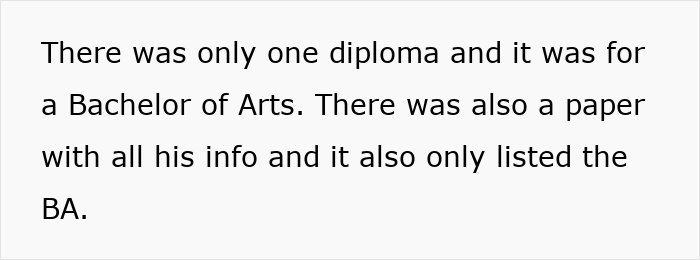 Text showing a discovery that only a Bachelor of Arts diploma exists, revealing no Master’s degree credentials.