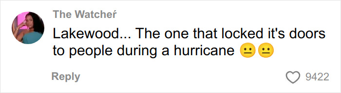 Comment on social experiment with US megachurches, discussing lockdown of doors during a hurricane, causing online frenzy. Comment on social experiment with US megachurches, discussing lockdown of doors during a hurricane, causing online frenzy.