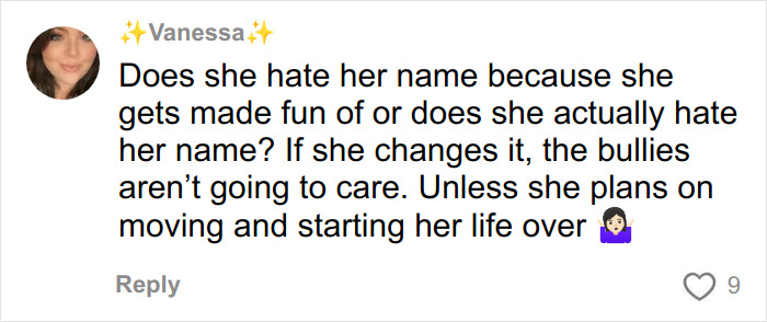 User comment from Vanessa discussing if a 16-year-old daughter should change her racist name after bullying at school. User comment from Vanessa discussing if a 16-year-old daughter should change her racist name after bullying at school.