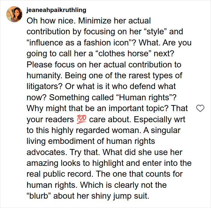 Instagram comment criticizing Vogue for focusing on Amal Clooney's style instead of her human rights work in a major Photoshop blunder. Instagram comment criticizing Vogue for focusing on Amal Clooney's style instead of her human rights work in a major Photoshop blunder.
