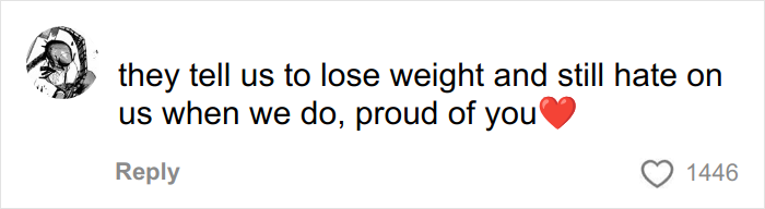 Comment expressing pride and support for those who lose weight, related to hiding loose skin on the belly after weight loss.