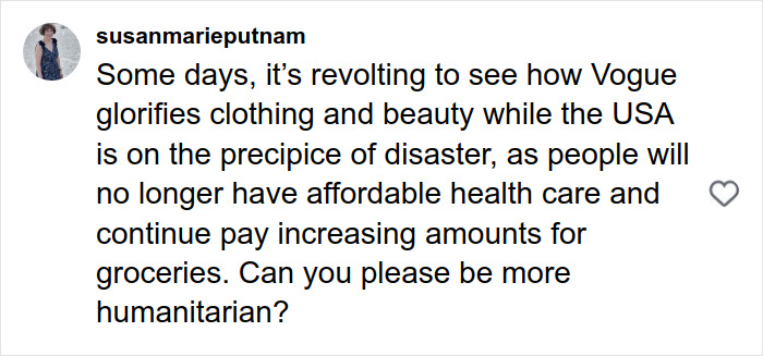 Comment criticizing Vogue for glorifying beauty amid USA’s healthcare and grocery crisis reflecting a major Photoshop blunder. Comment criticizing Vogue for glorifying beauty amid USA’s healthcare and grocery crisis reflecting a major Photoshop blunder.