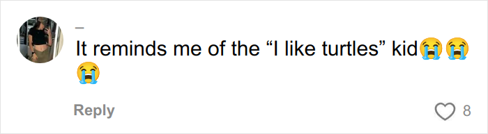 Comment mentioning the "I like turtles" kid with crying emojis in response to a viral tattoo regrets post.