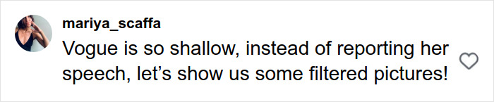 Comment criticizes Vogue for showing filtered pictures instead of Amal Clooney’s speech, highlighting a major Photoshop blunder. Comment criticizes Vogue for showing filtered pictures instead of Amal Clooney’s speech, highlighting a major Photoshop blunder.