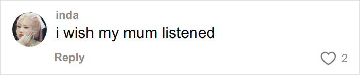 Comment on social media post expressing regret that mom did not listen, related to mom allowing 16-year-old daughter to change racist name after bullying. Comment on social media post expressing regret that mom did not listen, related to mom allowing 16-year-old daughter to change racist name after bullying.