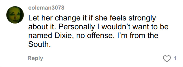 User comment about allowing 16-year-old daughter to change her racist name after bullying at school.