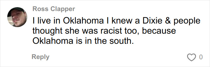 Comment from Ross Clapper discussing perceptions of racism linked to a Dixie name in Oklahoma, part of bullying conversation.
