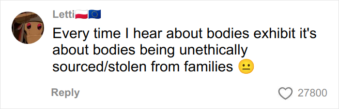 Comment about ethical concerns over bodies exhibit and families’ rights, featuring a worried emoji and high engagement count. Comment about ethical concerns over bodies exhibit and families’ rights, featuring a worried emoji and high engagement count.