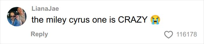 Comment on social media post reacting to Miley Cyrus tattoo regrets, highlighting viral tattoo artist discussion. Comment on social media post reacting to Miley Cyrus tattoo regrets, highlighting viral tattoo artist discussion.