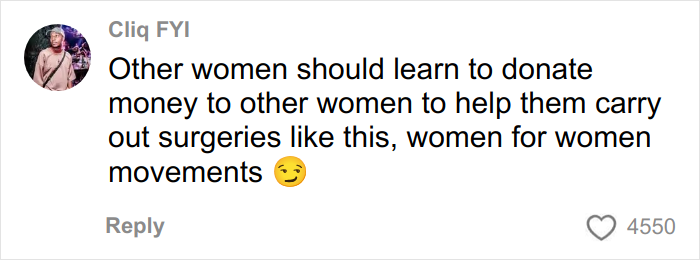 Comment about women donating money to support surgeries, shared in a social media post with 4550 likes.