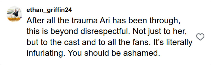 User comment on social media expressing anger and calling out disrespect after Ariana Grande premiere incident backlash. User comment on social media expressing anger and calling out disrespect after Ariana Grande premiere incident backlash.