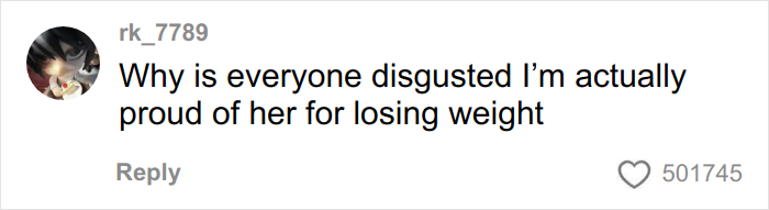Comment on social media expressing pride in a woman’s weight loss despite others’ negative reactions.