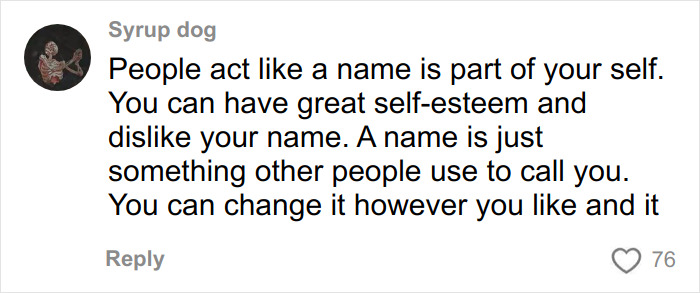 Comment discussing name changes, self-esteem, and overcoming bullying related to a racist name at school.