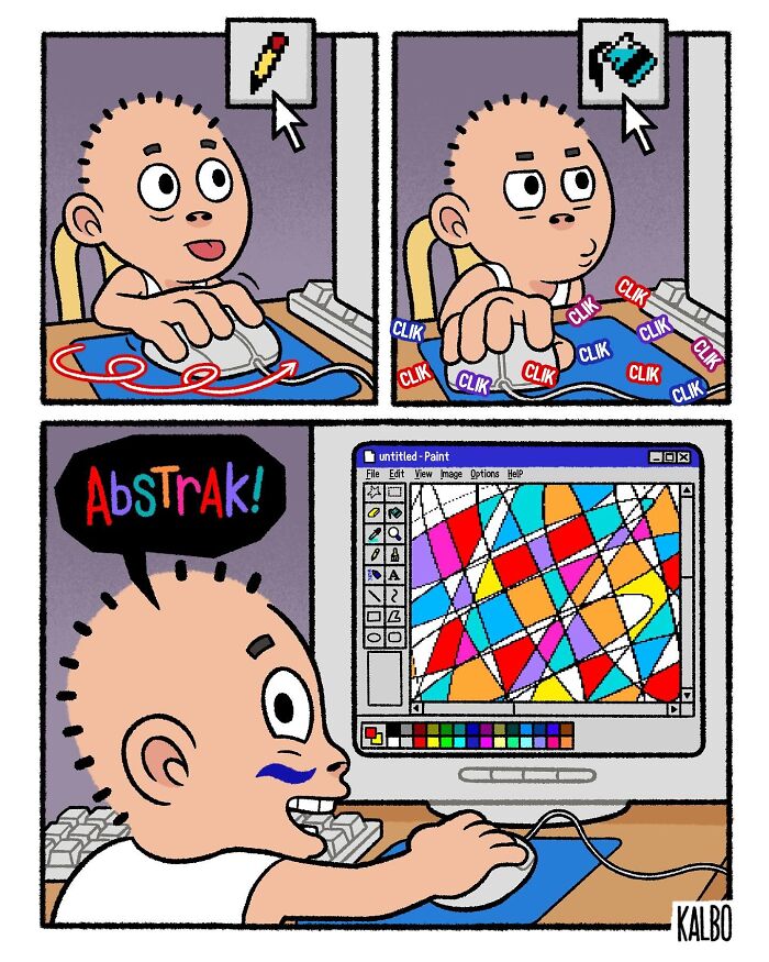 Comic by Tarantadong Kalbo showing a character humorously creating abstract art on a computer, capturing life and nostalgia.
