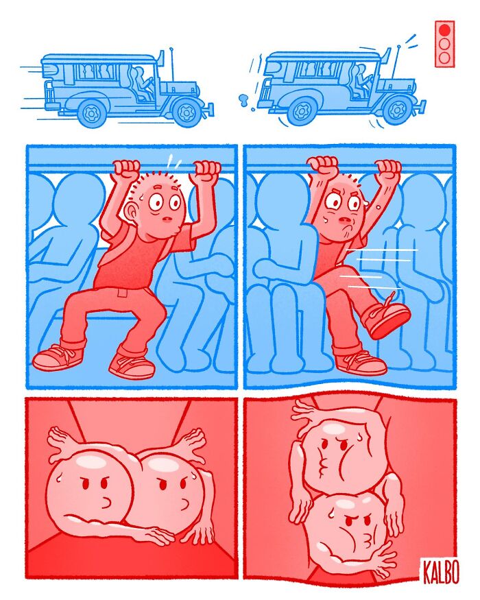 Comic by Tarantadong Kalbo showing crowded jeepney rides and the humorous struggle to find space during daily commute.