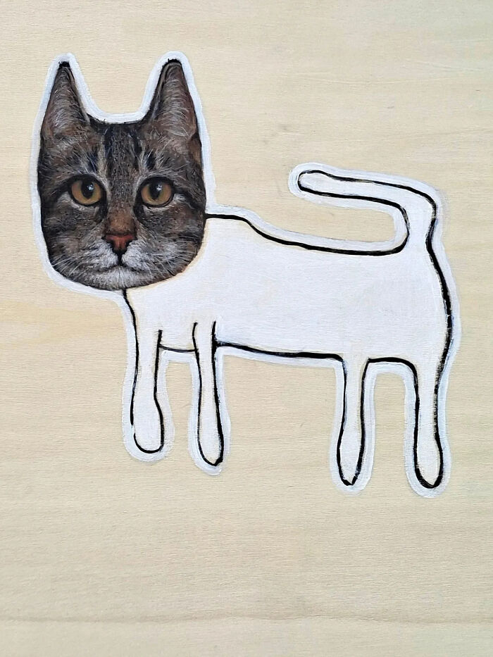 Cat illustration with realistic detailed face and simple white painted body in creepy paintings by Tyler Tilley style.