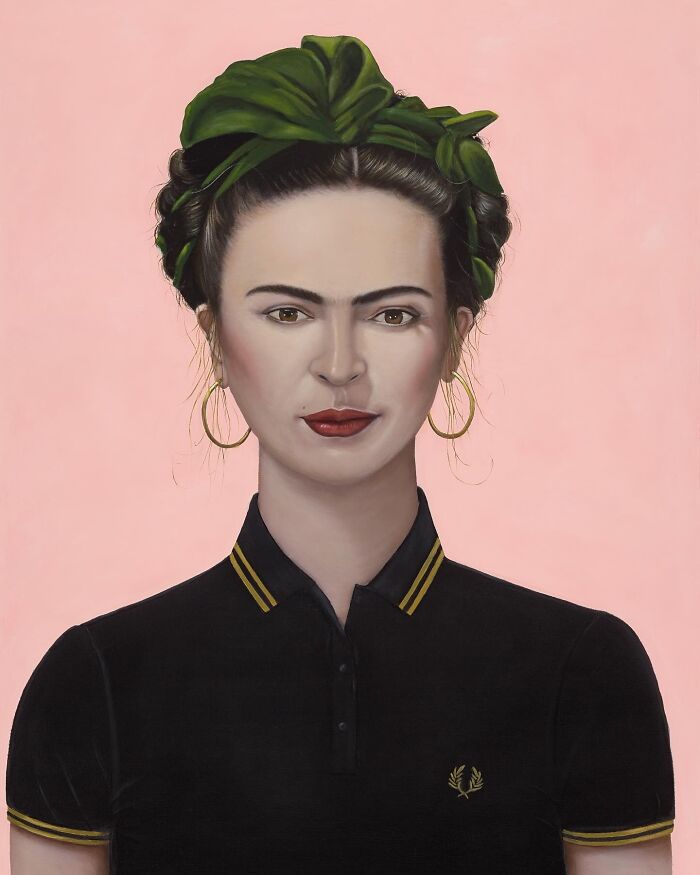 Portrait by Scottish artist of a classic painting inspired woman with green headscarf, gold hoops, black polo on pink backdrop