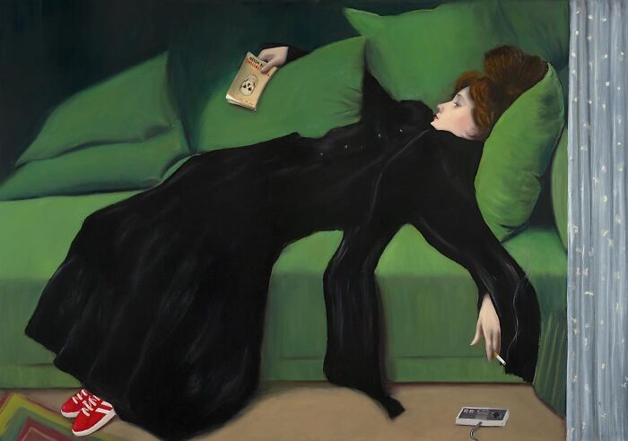 Scottish artist modern street culture reinterpretation: reclining woman in black coat and red sneakers on green sofa.