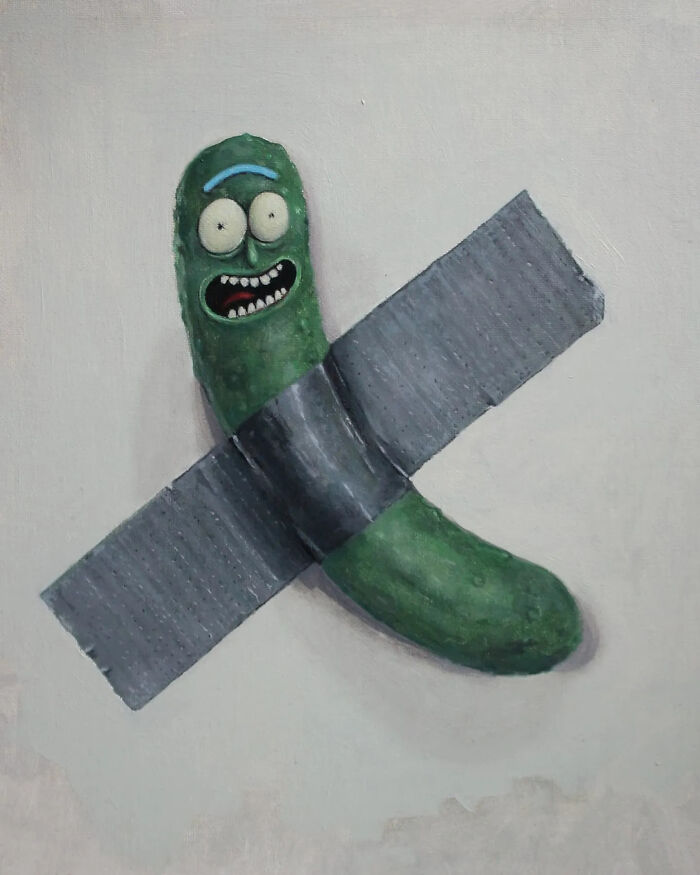 Creepy painting of a green animated pickle character duct taped to a plain wall, showcasing horror art style by Tyler Tilley.