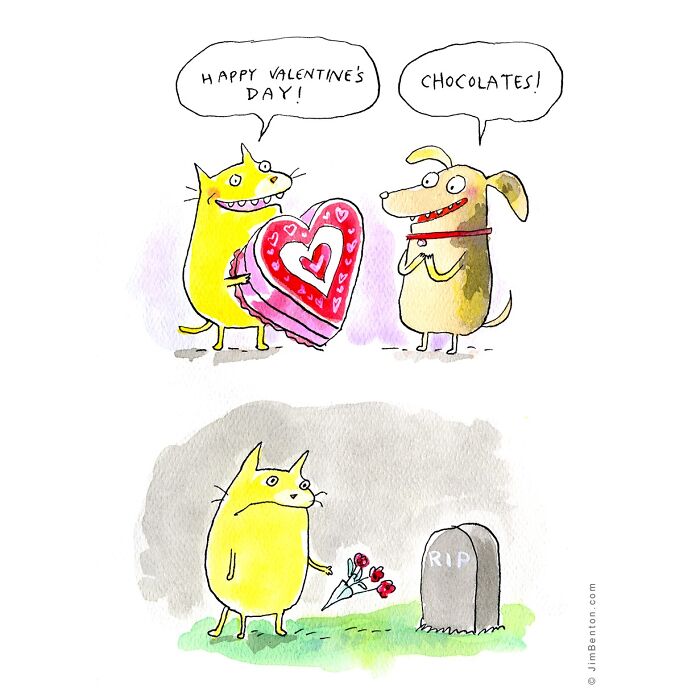 Cartoonist illustration capturing what it’s like to live with cats, showing humorous cat and dog interactions.