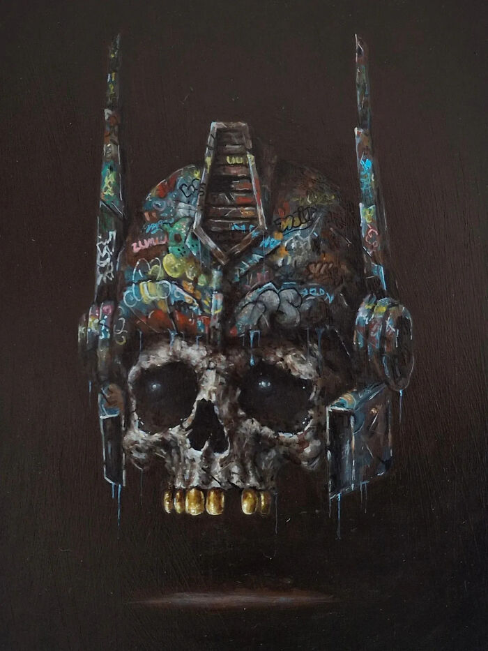 Creepy skull painting with graffiti and dark horror elements in a surreal, eerie style by Tyler Tilley.