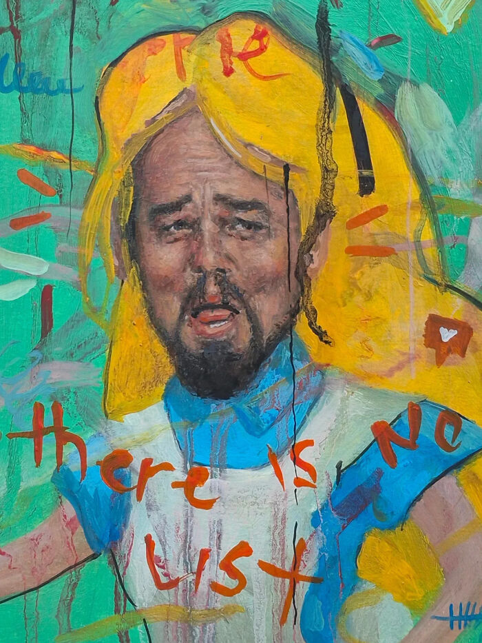 Creepy painting by Tyler Tilley featuring distorted figure with bright yellow hair and unsettling expression in horror art style.