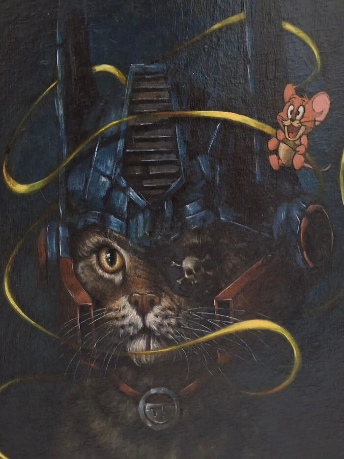 Creepy painting by Tyler Tilley featuring a cat with mechanical gear and a small cartoon mouse in dark tones.