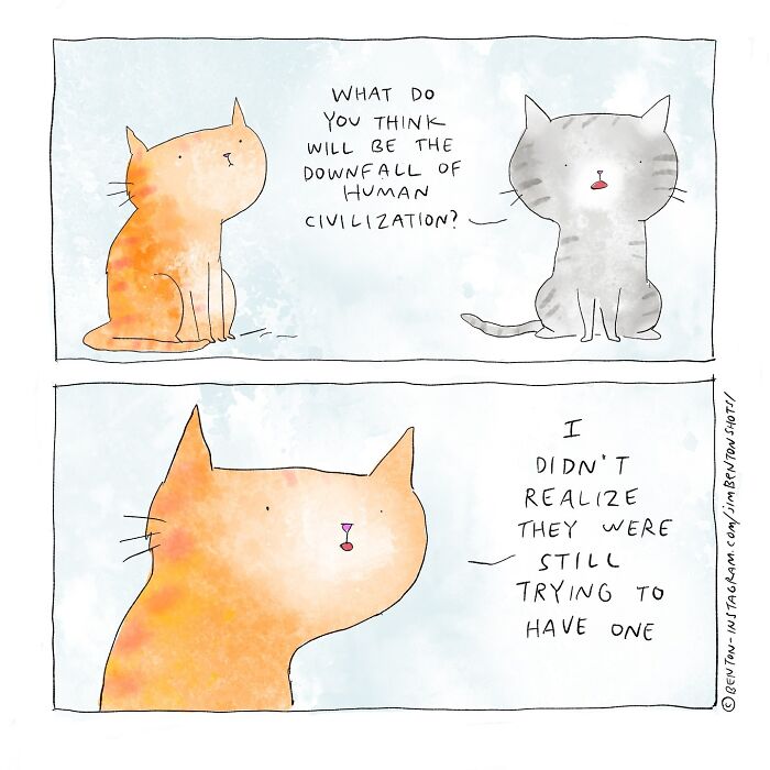 Cartoon illustrating two cats humorously discussing the downfall of human civilization in a simple comic style.