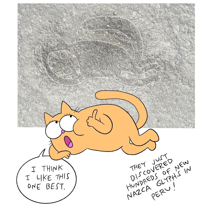 Cartoon of a cat next to a Nazca glyph, illustrating life with cats through humorous comic art.