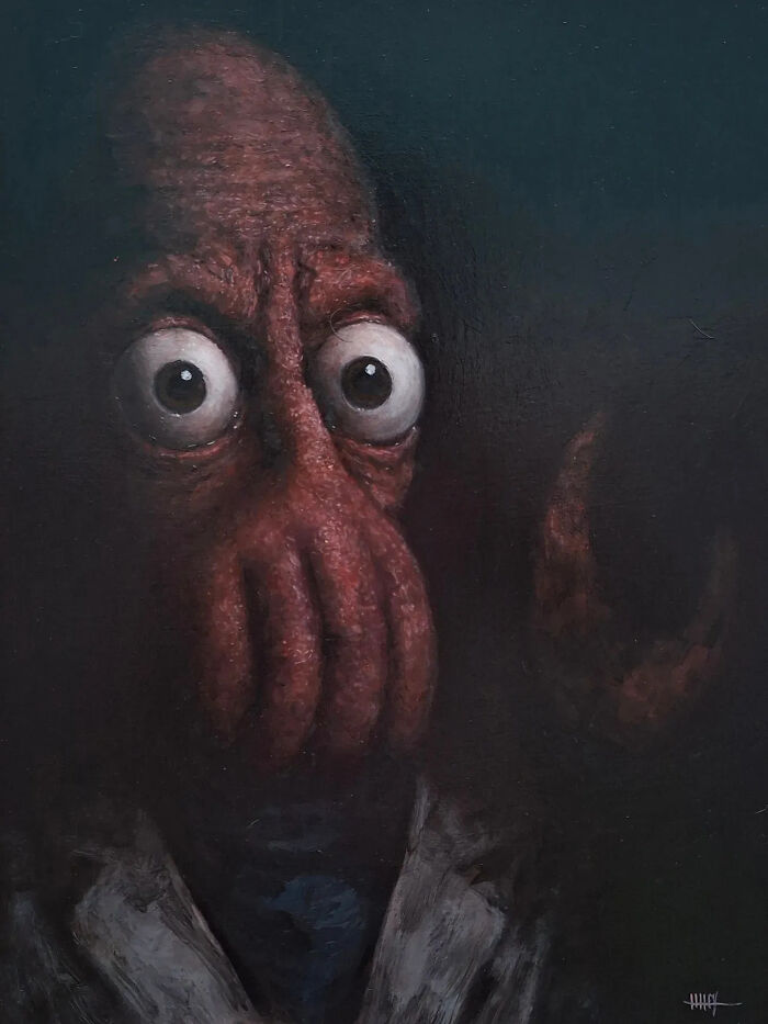 Creepy painting by Tyler Tilley featuring a surreal horror creature with large eyes in a dark background.