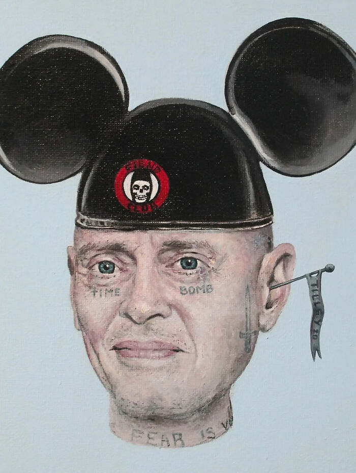 Surreal creepy painting of a man wearing black mouse ears by Tyler Tilley, featuring horror and eerie details on face and head.