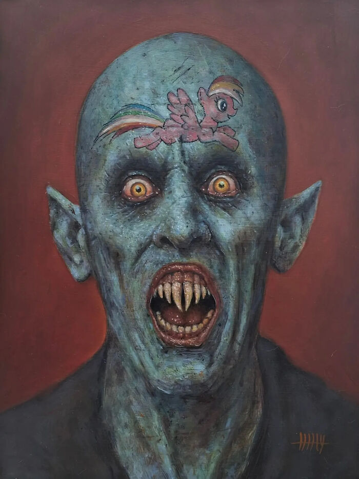 Creepy painting of a horror vampire with yellow eyes and sharp teeth, featuring a colorful cartoon pony tattoo on forehead.