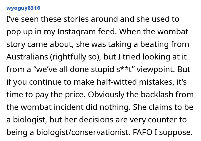 Comment discussing backlash against influencer caught snatching baby wombat, highlighting consequences and public reaction. Comment discussing backlash against influencer caught snatching baby wombat, highlighting consequences and public reaction.