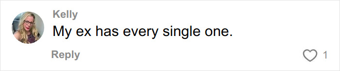 Comment by user Kelly saying My ex has every single one, highlighting red flags of a narcissist shared by influencer. Comment by user Kelly saying My ex has every single one, highlighting red flags of a narcissist shared by influencer.