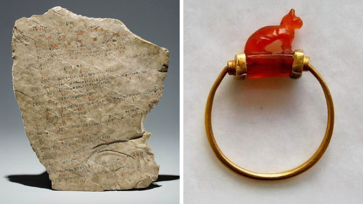 Ancient archeology finds showing a carved stone tablet with writing and a gold ring with a cat-shaped gem.