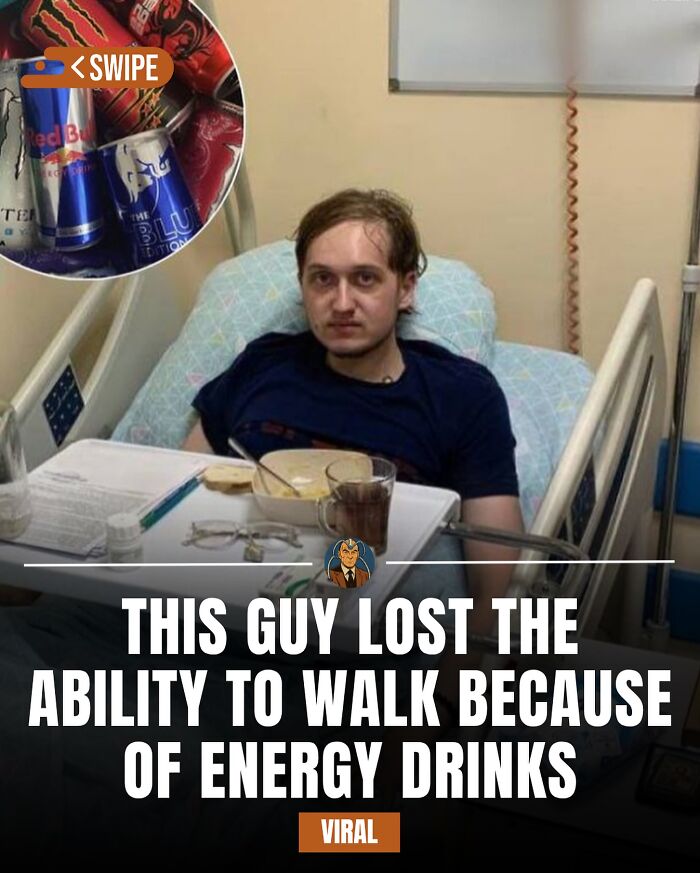 Man in hospital bed sharing daily facts on energy drinks causing loss of ability to walk for IG page with 1.8M followers.