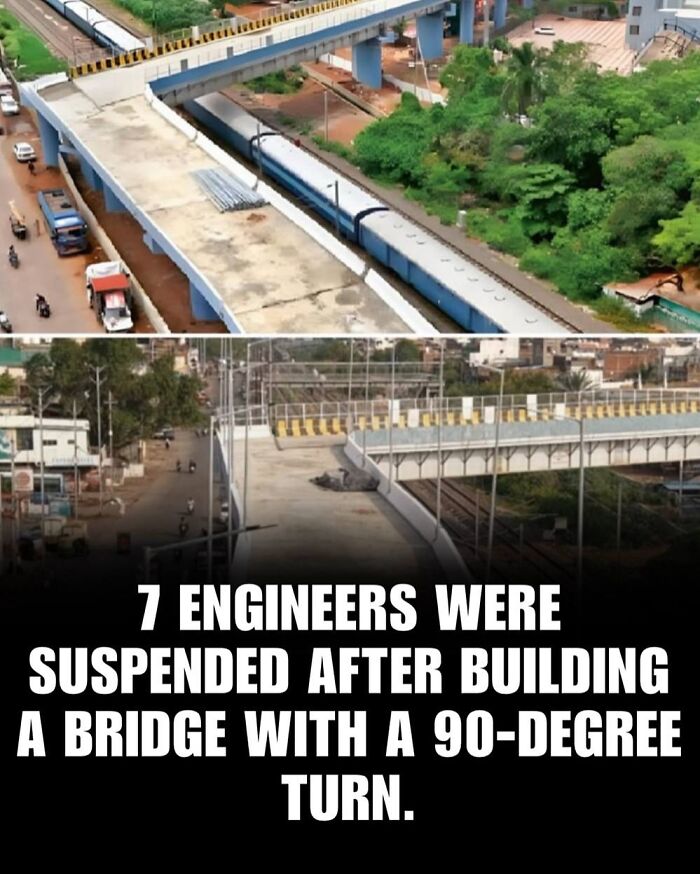 A bridge with a sharp 90-degree turn built by engineers, shared on an IG page with daily facts and interesting stories.