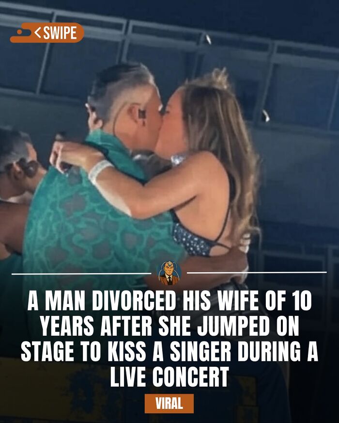 Couple kissing on stage at a live concert, featured on an IG page sharing daily facts and interesting stories with 1.8M followers.