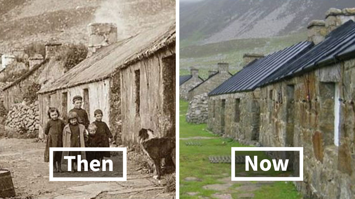 Split image showing old and modern stone cottages side by side, revealing moments lost to time in rural architecture.