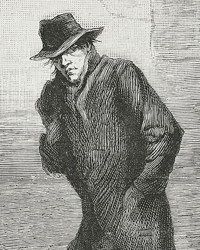 Vintage black and white illustration of a mysterious man representing Jack The Ripper's real identity debate after DNA breakthrough.