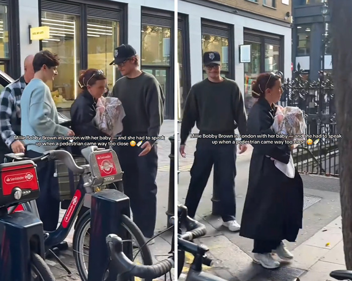 Millie Bobby Brown protecting baby in London while Jake Bongiovi is called out for not helping nearby. Millie Bobby Brown protecting baby in London while Jake Bongiovi is called out for not helping nearby.