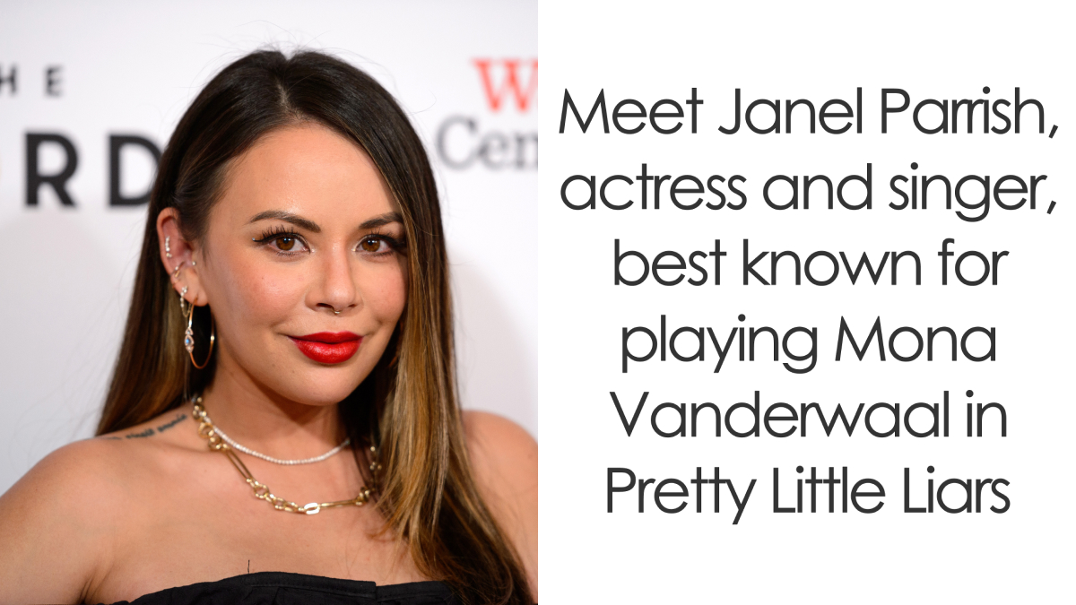 Janel Parrish with long hair and red lipstick, posing at an event highlighting her bio and career achievements.