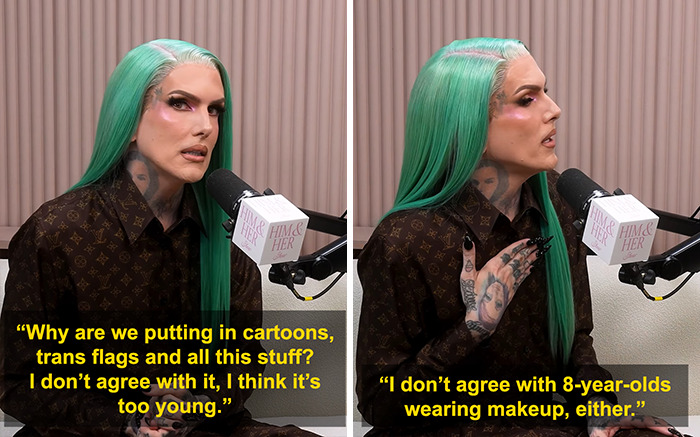 Jeffree Star speaking into a microphone during an interview, facing backlash for comments on pro-trans parents. Jeffree Star speaking into a microphone during an interview, facing backlash for comments on pro-trans parents.