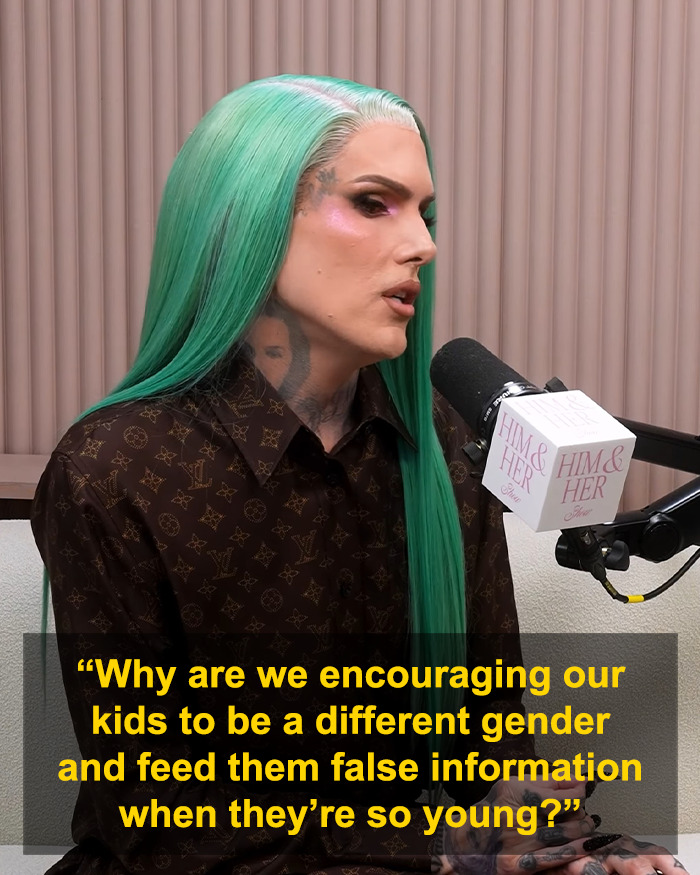 Jeffree Star speaking into a microphone during a podcast, facing backlash for comments on pro-trans parents. Jeffree Star speaking into a microphone during a podcast, facing backlash for comments on pro-trans parents.