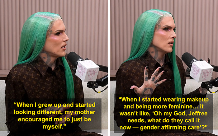 Jeffree Star with long green hair speaking into a microphone, facing backlash for comments on pro-trans parents. Jeffree Star with long green hair speaking into a microphone, facing backlash for comments on pro-trans parents.