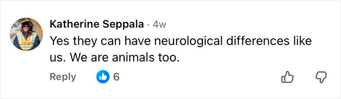 Facebook comment from Katherine Seppala discussing dogs having neurological differences like humans, related to dog autism research. Facebook comment from Katherine Seppala discussing dogs having neurological differences like humans, related to dog autism research.