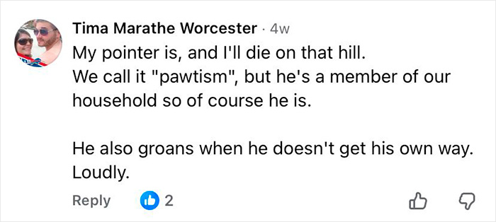 Comment discussing a dog showing behaviors linked to autistic traits, referencing pawtism and household inclusion. Comment discussing a dog showing behaviors linked to autistic traits, referencing pawtism and household inclusion.
