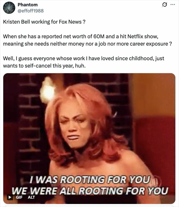 Twitter post criticizing Kristen Bell's decision, mentioning self-cancel and Fox Faith project controversy.