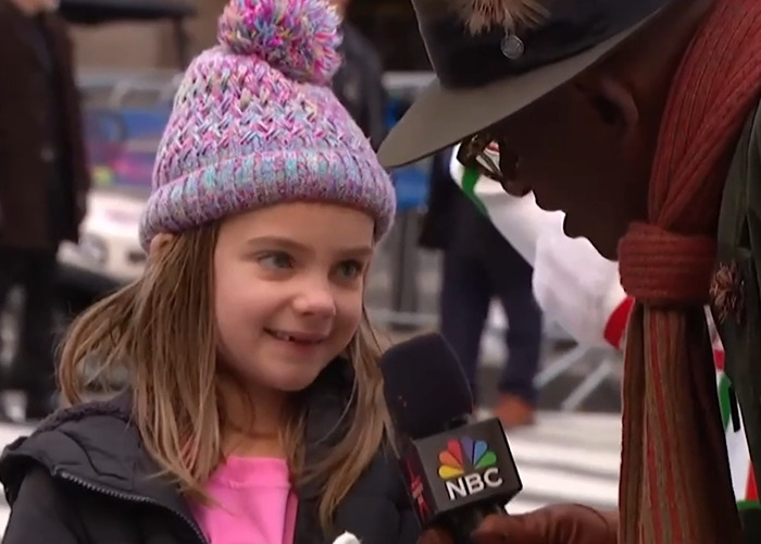 Little girl giving brutally honest reaction to golden ticket offer during Thanksgiving parade interview on NBC.